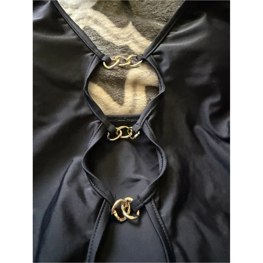 Black One-Piece Swimsuit with Gold Ring Accents